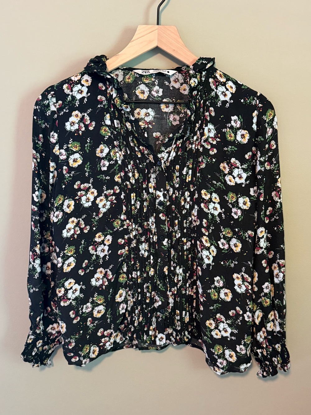 Zara Black Floral Pintuck Blouse | S